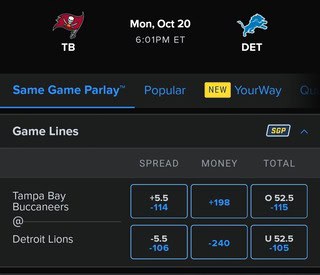 FanDuel Odds for Bucs vs. Lions