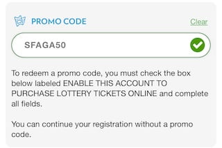 GA Lottery promo code field, enter SFAGA50