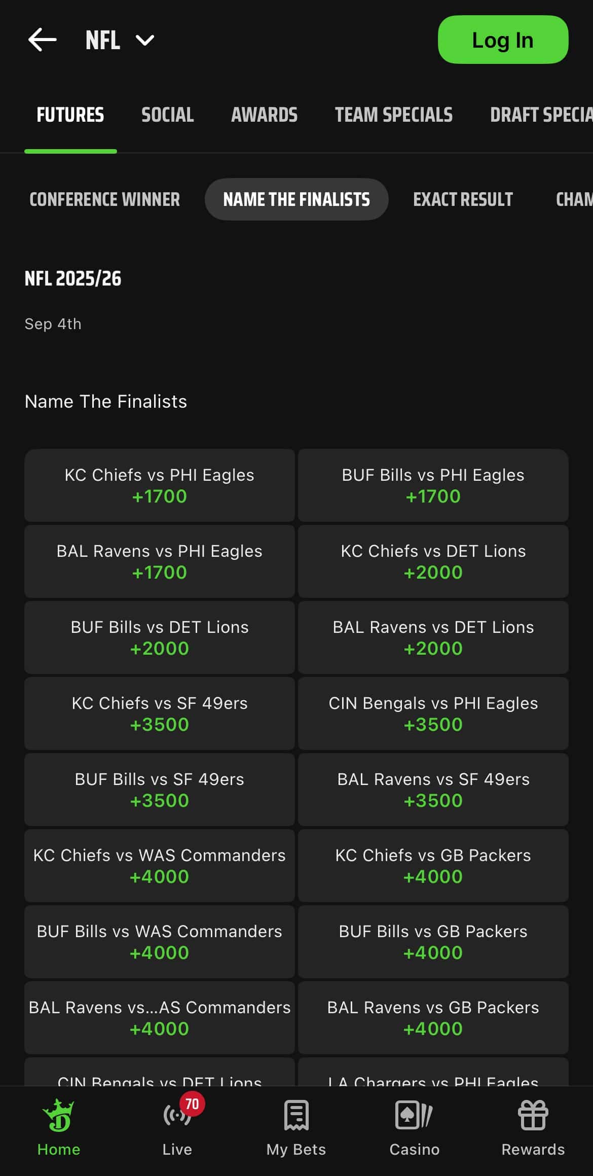DraftKings odds for NFL Super Bowl 60 matchup.