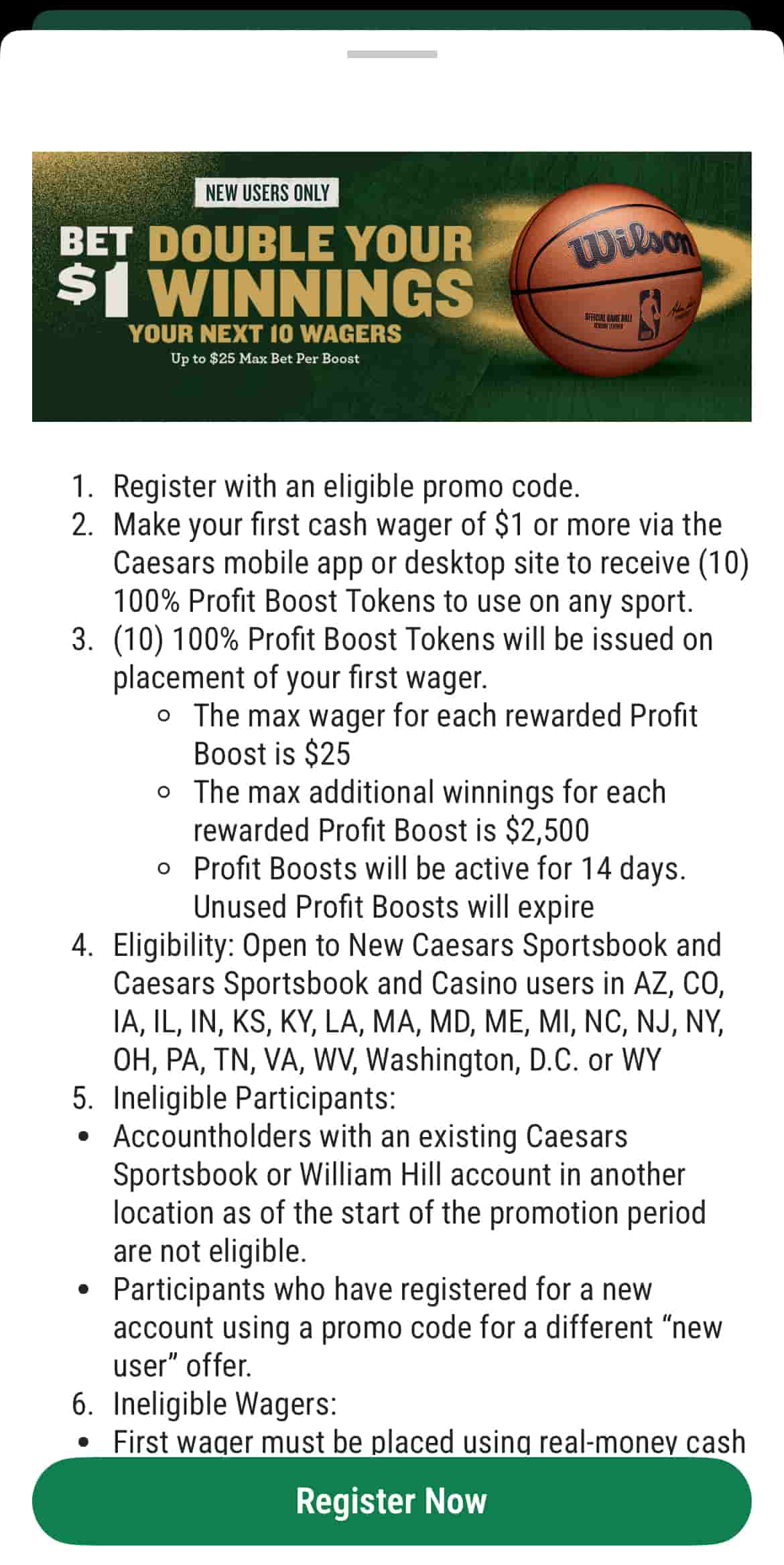 Caesars Sportsbook NC welcome offer of double winnings on 10 bets.