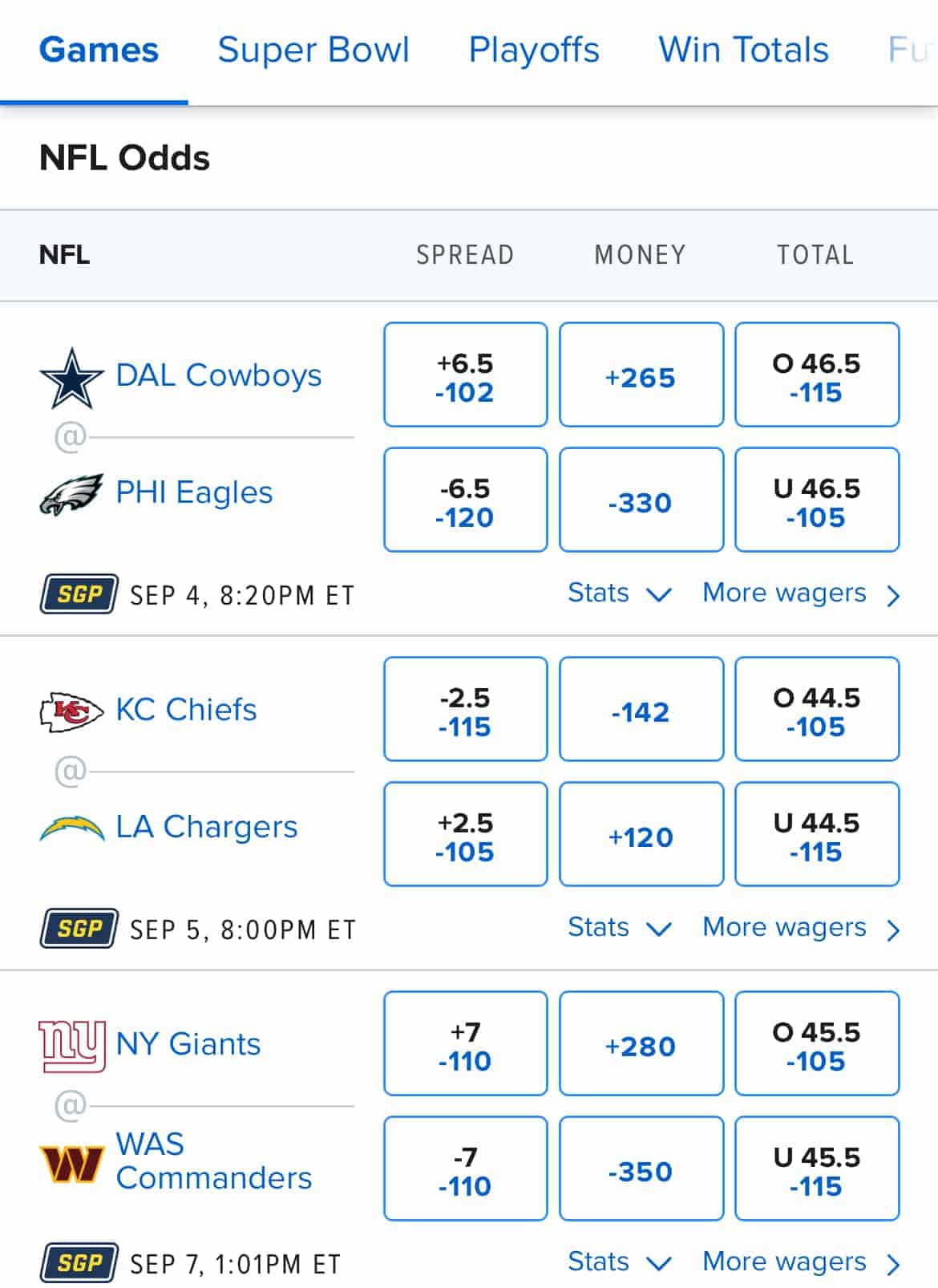 NFL lines on the FanDuel app