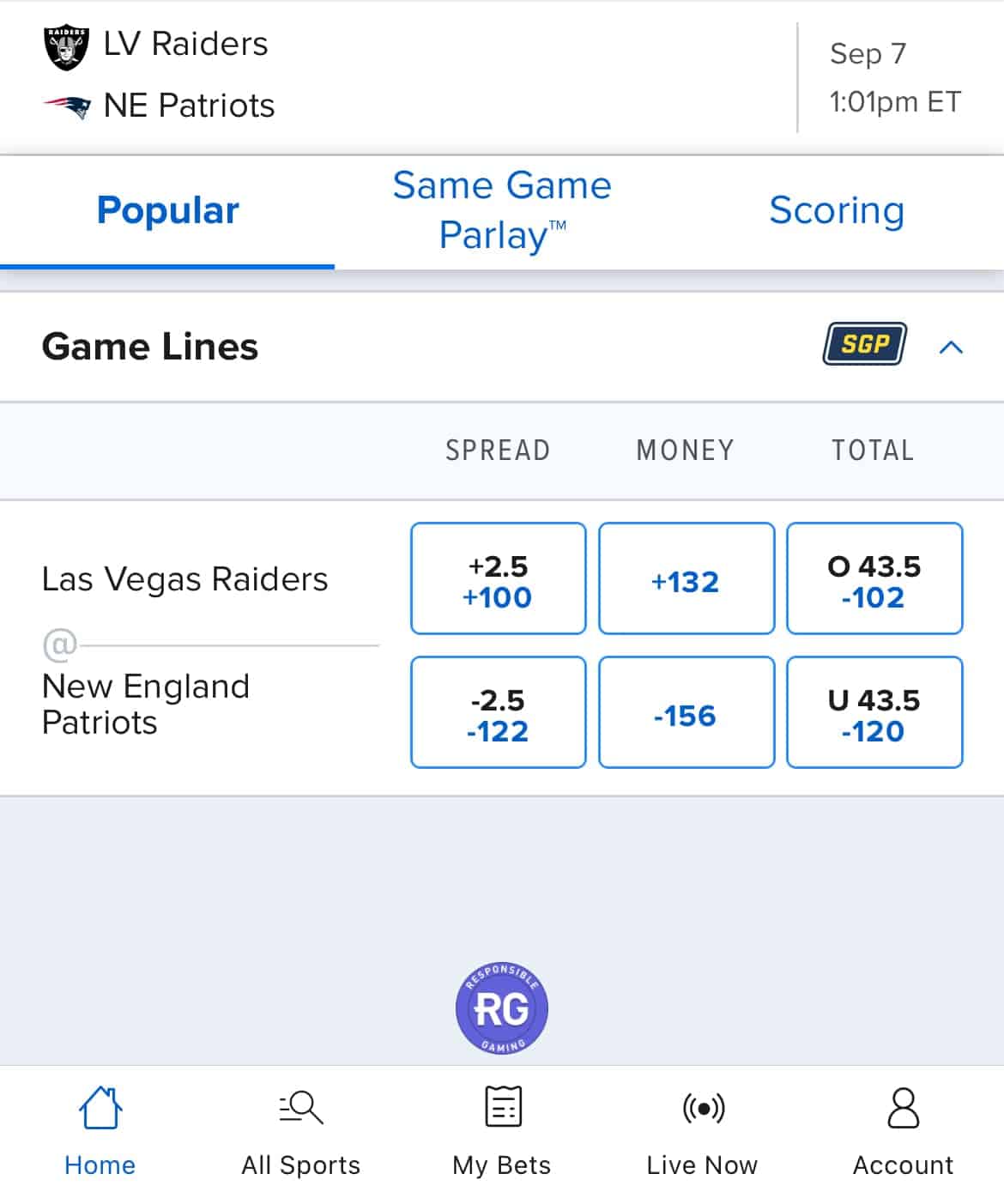 Betting options for NFL game at FanDuel