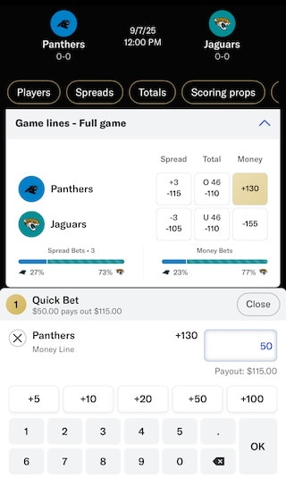 Carolina Panthers vs. Jacksonville Jaguars NFL week 1 odds at BetMGM, example bet