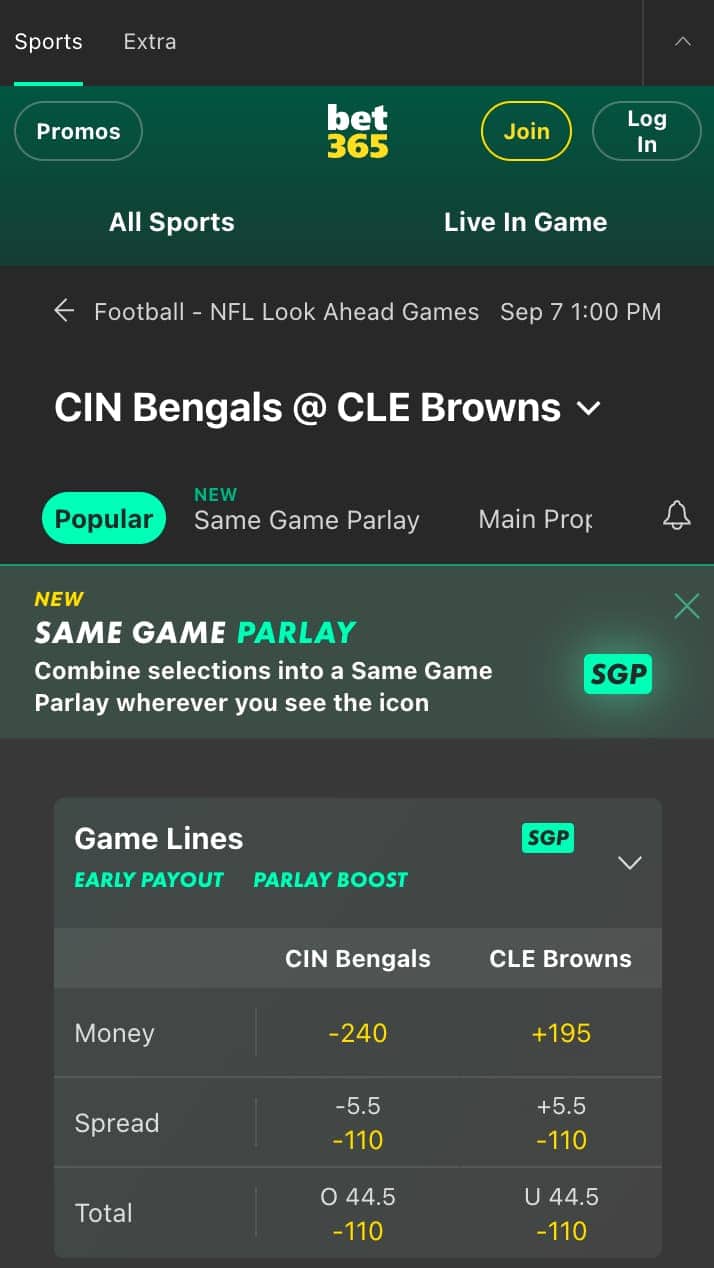 Example of Bet365 odds for the Bengals vs. Browns NFL week 1 game
