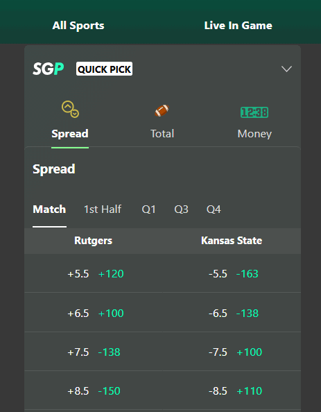 Rate Bowl: Kansas State vs Rutgers bet365 parlays