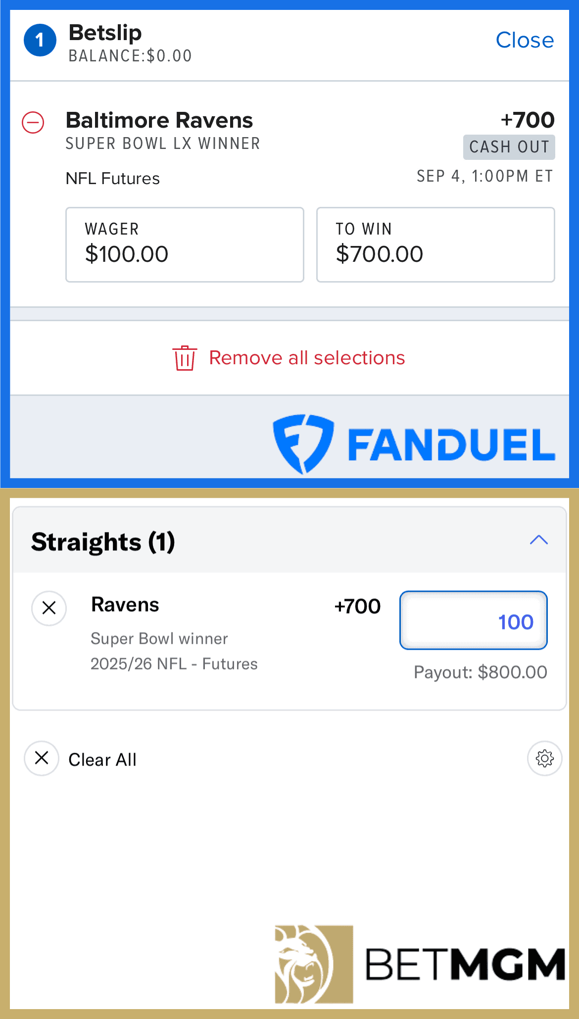 BetMGM vs. FanDuel: NFL futures bet in the bet slip compared